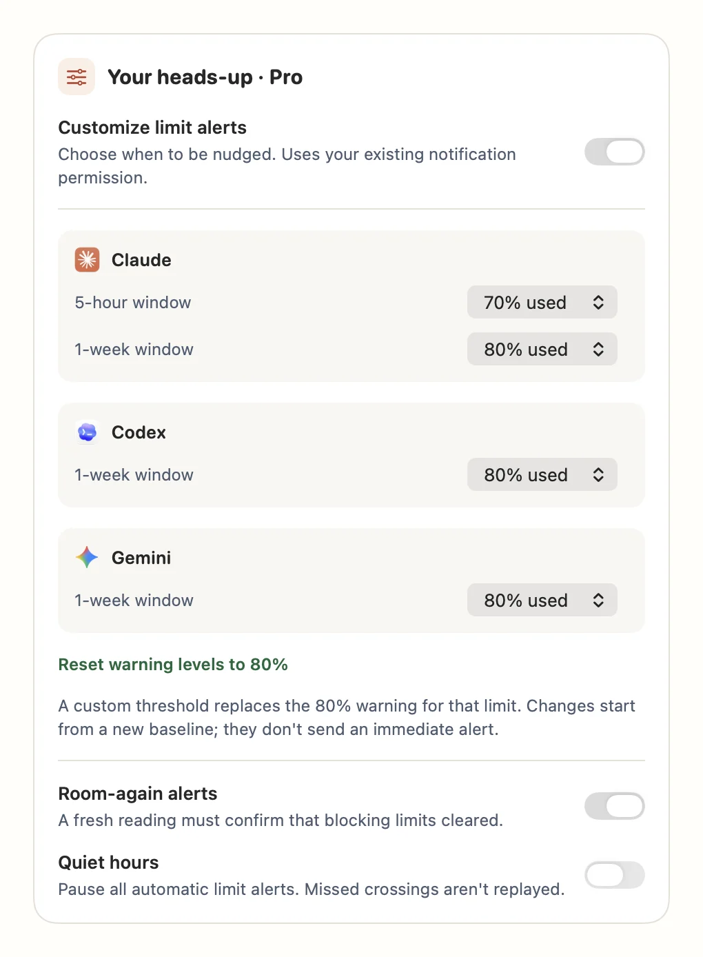 Native Quotchi Pro alert settings with custom thresholds and quiet hours