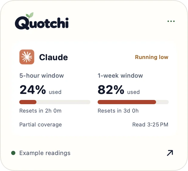 Native Quotchi floating companion showing example Claude quota windows