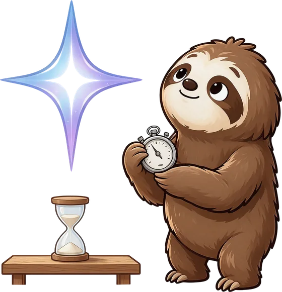 Quotchi holding a stopwatch, looking up at a Gemini sparkle next to an hourglass