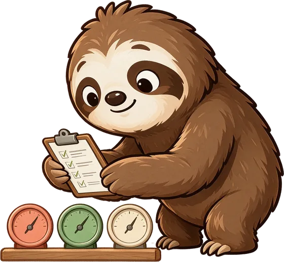 Quotchi ticking off a checklist while comparing three small gauges on a shelf