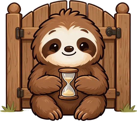 Quotchi sitting patiently by a closed gate, holding an hourglass