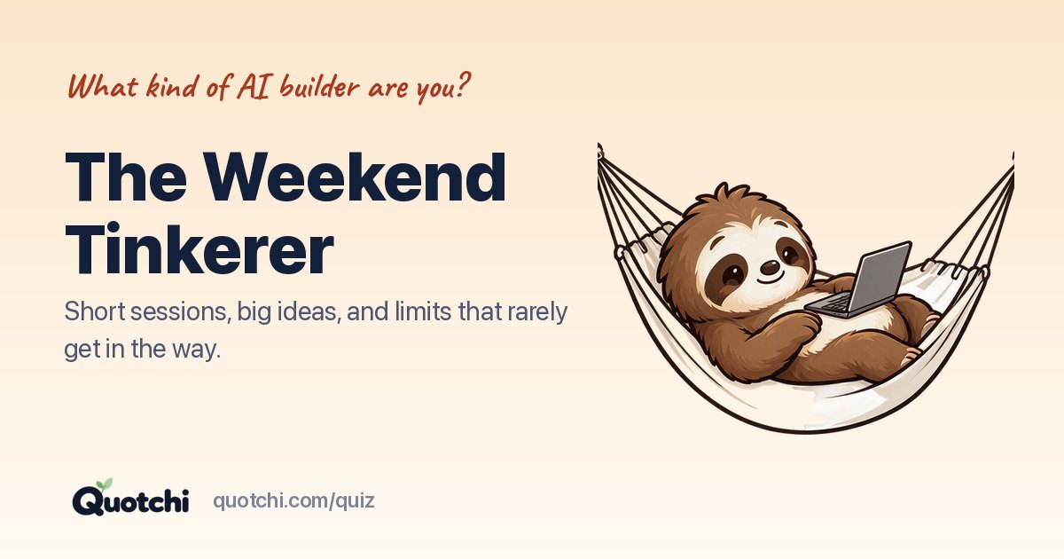 Your The Weekend Tinkerer card: Quotchi the sloth with the result title