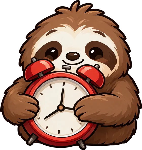 Quotchi the sloth hugging a red alarm clock