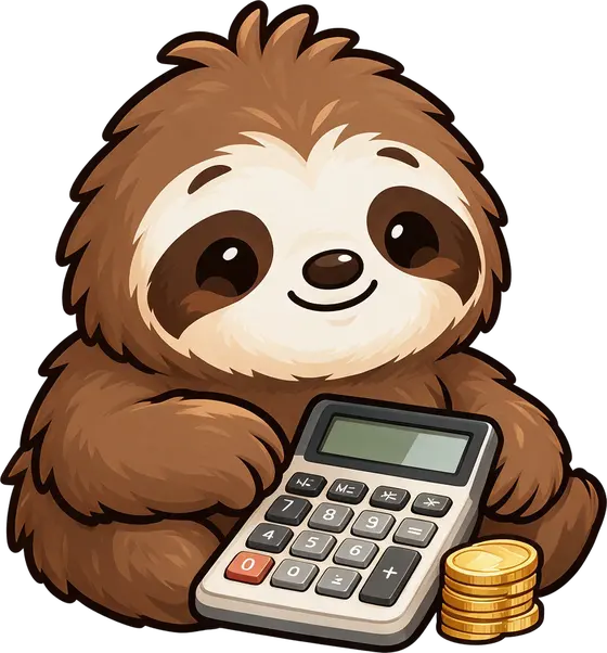 Quotchi the sloth with a calculator and a stack of coins