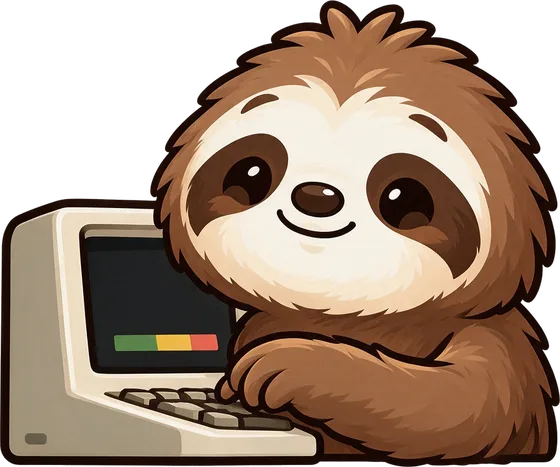 Quotchi the sloth typing at a terminal with a colorful status bar
